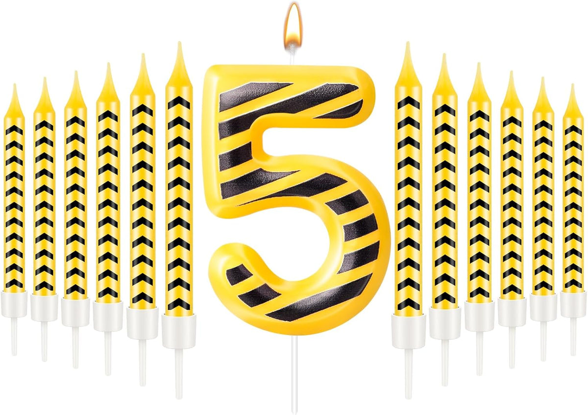 13 Pcs Construction Themed Birthday Candles Set Yellow and Black Number 5 Candle Cake Topper for Construction Party Decoration Supplies (Number 5)