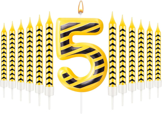 13 Pcs Construction Themed Birthday Candles Set Yellow and Black Number 5 Candle Cake Topper for Construction Party Decoration Supplies (Number 5)