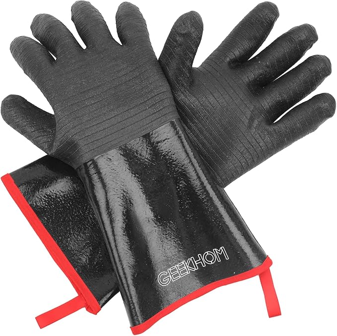 GEEKHOM 14-Inch Heat Resistant Gloves 932°F for BBQ Grilling, Waterproof Long Sleeve Anti-Slip Cooking Gloves – Textured Grip Protection