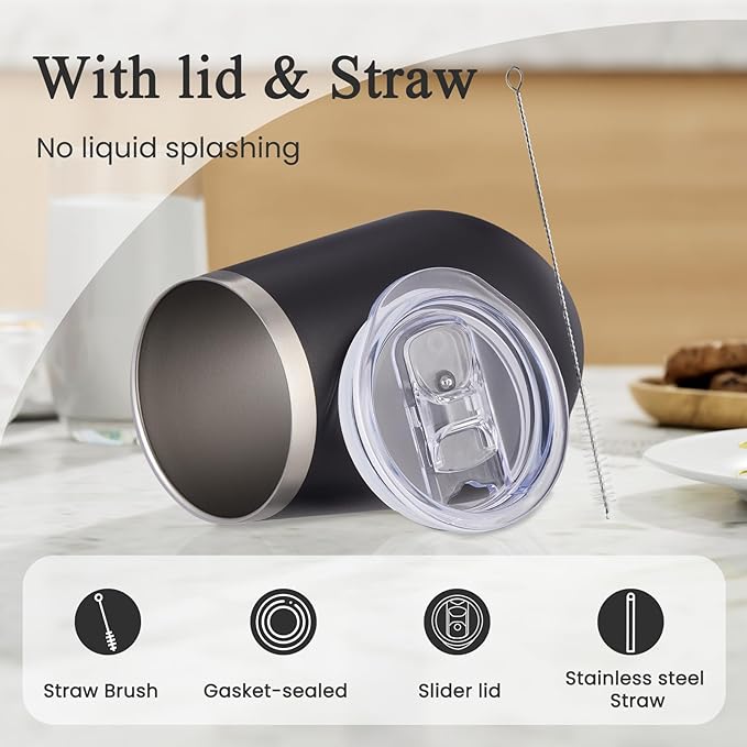 MEWAY 12oz/4 Pack Wine Tumbler Glasses with Lid - Stemless Double Wall Vacuum Stainless Steel Tumblers Keeping Cold & Hot for Wine - Family and Gifts, Ideal for Travel and Office(Black,Set of 4)