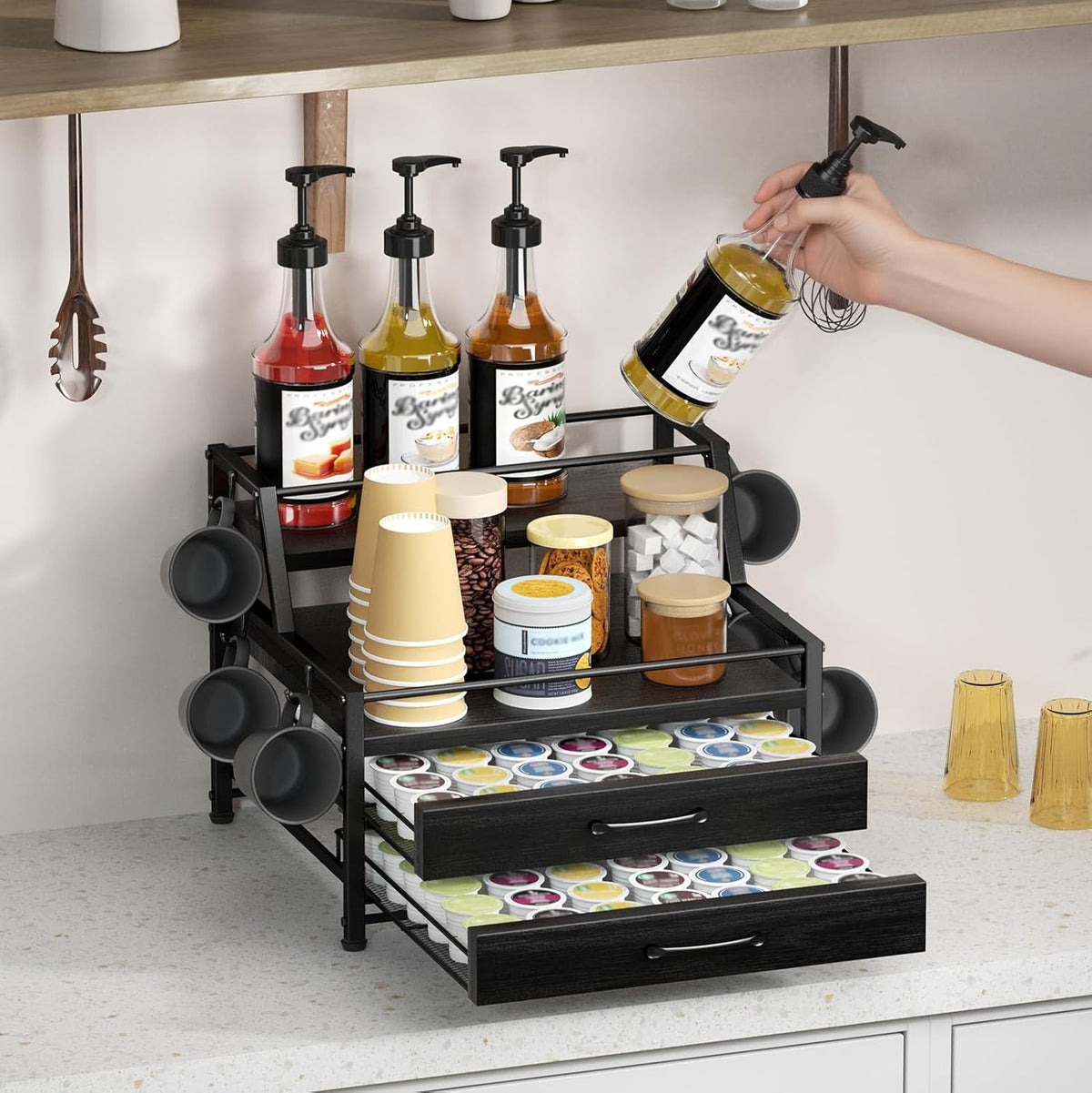 Coffee Syrup Rack Organizer - 4-Tier 8 Syrup Wine Bottles Stand with 82 Storage Drawer for K Cups, Coffee Pod Holder for Countertop, Bar Station, Kitchen, Black