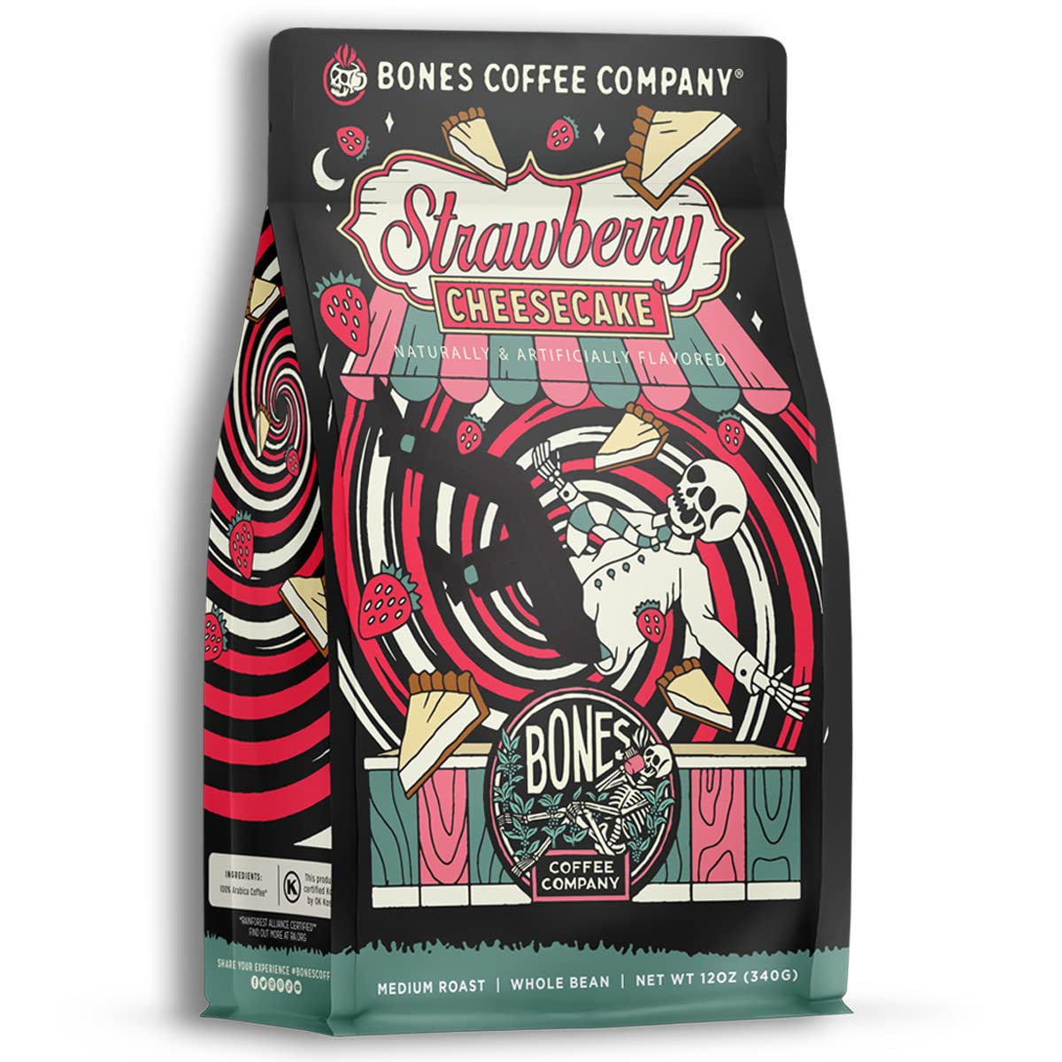 Bones Coffee Company Strawberry Cheesecake Flavored Coffee, Medium Roast Low Acid Arabica Beans Compatible with Auto drip and French Press Coffee Maker, 12 Oz Whole Bean