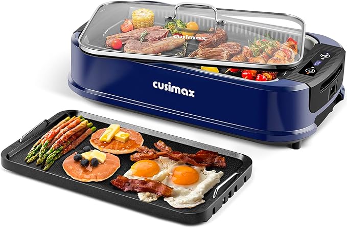 Smokeless Grill, CUSIMAX 1500W Indoor Grill, Electric Grill Griddle with LED Smart Display & Tempered Glass Lid, Portable Korean BBQ Grill, Non-stick Removable Grill & Griddle Plate