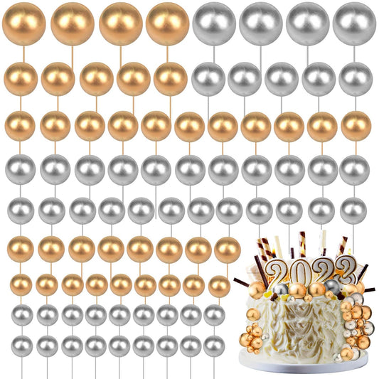 108 Pcs Balls Cake Topper DIY Cupcake Insert Foam Balloons for Cake Baking Wedding Anniversary Birthday Decoration(Gold, Silver,Multi Sizes)