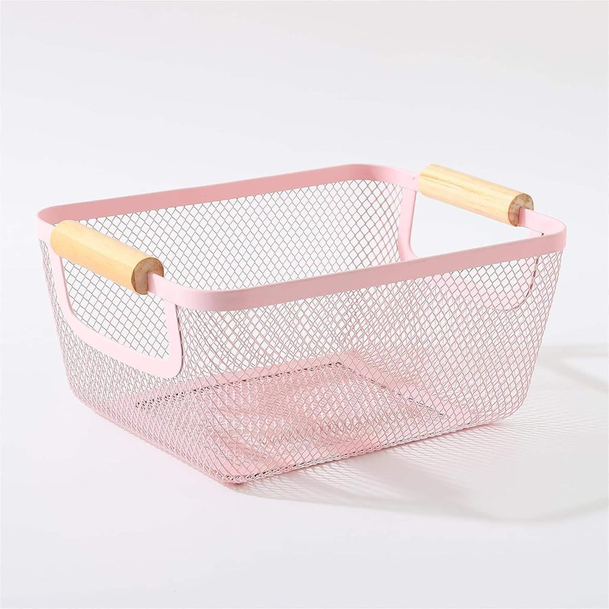 Metal Mesh Steel Basket, Small Wire Storage Organizer Baskets Multi-function Hanging Kitchen Basket with Wood Handle for Kitchen Bathroom Picnic Home, Rectangle-Pink
