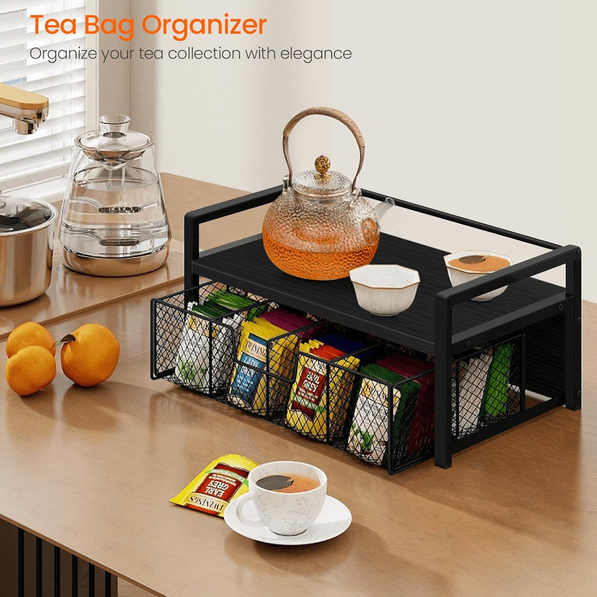 Homode Wood Tea Bag Organizer, Teabag Holder with Drawer, Tea Organizers and Storage Box, 8 Compartments Tea Caddy Station Chests Display Container for Counter Kitchen, Black