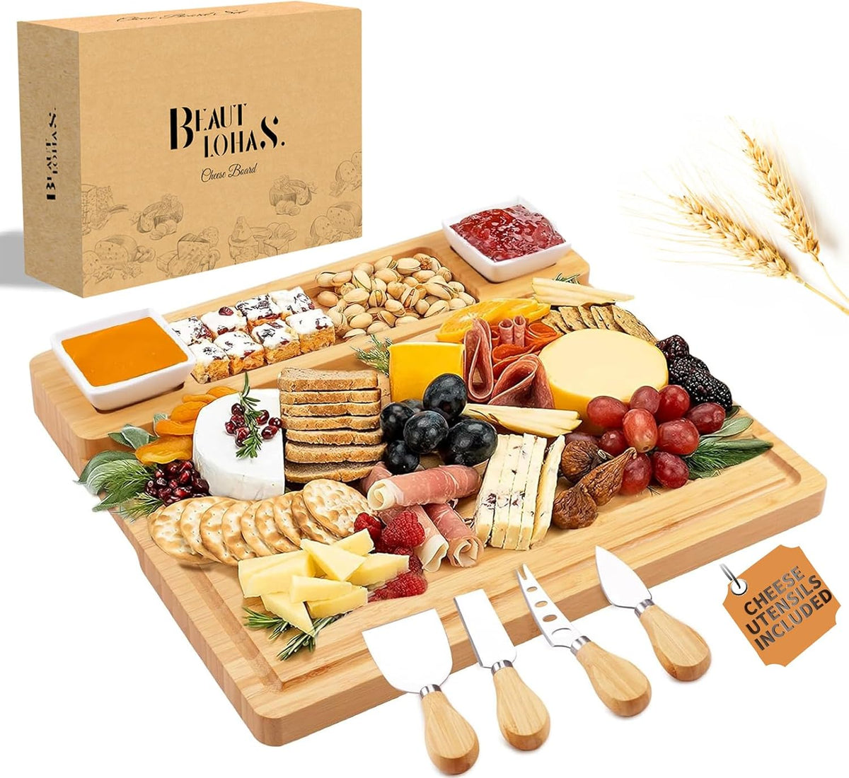 Charcuterie Boards Accessories, Charcuterie Boards with Knife Set, Cheese Board Serving Tray, Gifts for Women, Housewarming Gifts for New Home, Wedding Gift for Couples 2025 (with 2 Bowl)