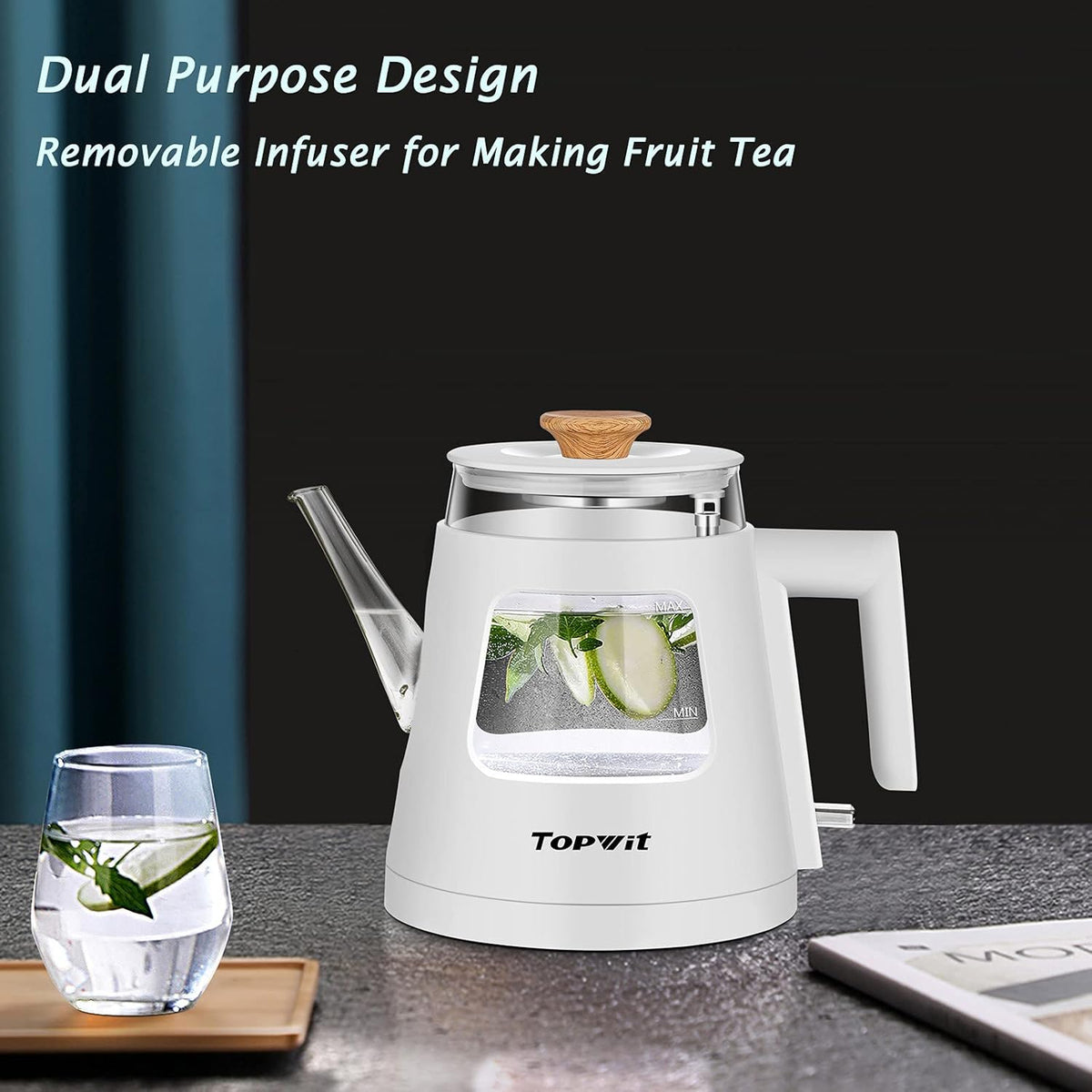 TOPWIT Electric Kettle, 1.0L Electric Tea Kettle with Removable Stainless Steel Infuser, BPA-Free Electric Glass Kettle with Window, Double Wall Water Warmer, Gooseneck, Auto-shut Off, White