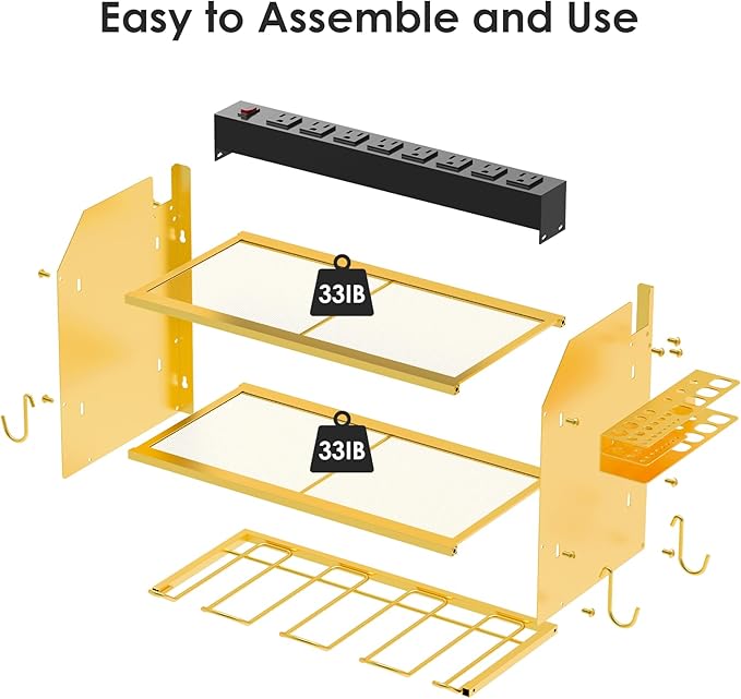 CCCEI Modular Power Tool Organizer Wall Mount with Charging Station. Garage Drill Storage Shelf with Hooks, Heavy Duty Rack, Tool Battery Holder Built in 8 Outlet. Gift for Men. Glod, 1 Pack.