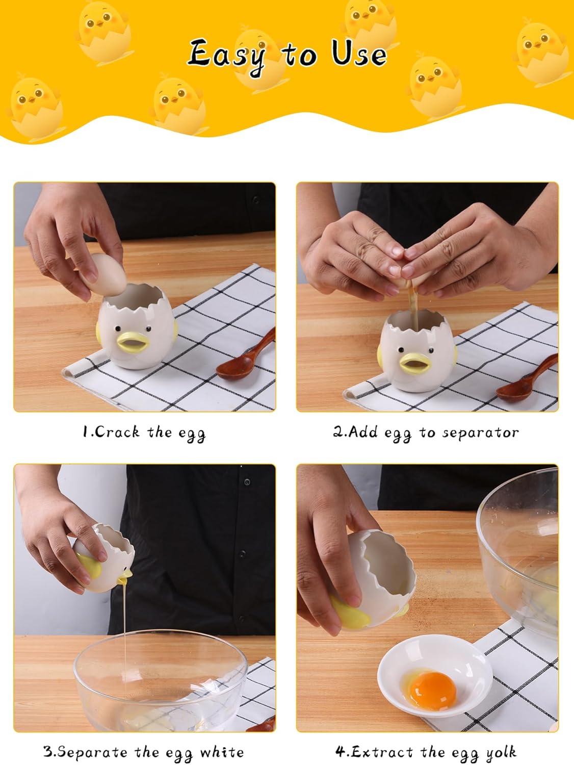 2 Pack Cute Egg Separator, Ceramics Vomiting Chicken Egg Yolk Egg White Separator, Little Chick Small Egg Filter Splitter,Dishwasher Safe