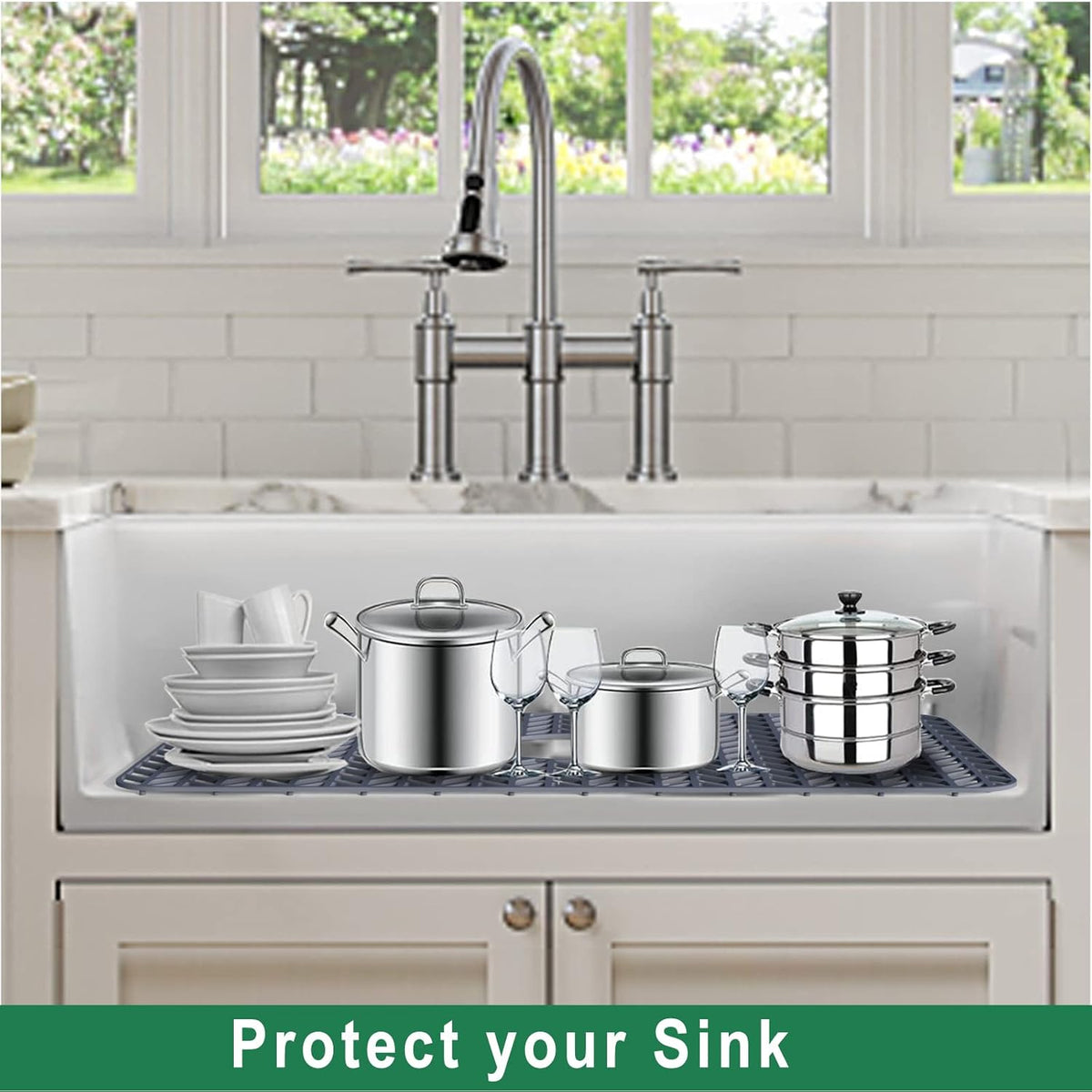 GUUKIN Sink Protectors for Kitchen Sink, 26''x 14'' Silicone Kitchen Sink Mat Grid for Bottom of Farmhouse Stainless Steel Porcelain Sink with Rear Drain (Grey)