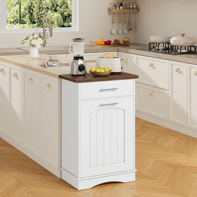 HOOBRO 10 Gallon Tilt Out Trash Cabinet, Kitchen Trash Can,Trash Bin Storage, with Flip Door and Large Drawer, Hidden Laundry Hamper Cabinet, for Kitchen, Laundry, White and Walnut WH02LJ01