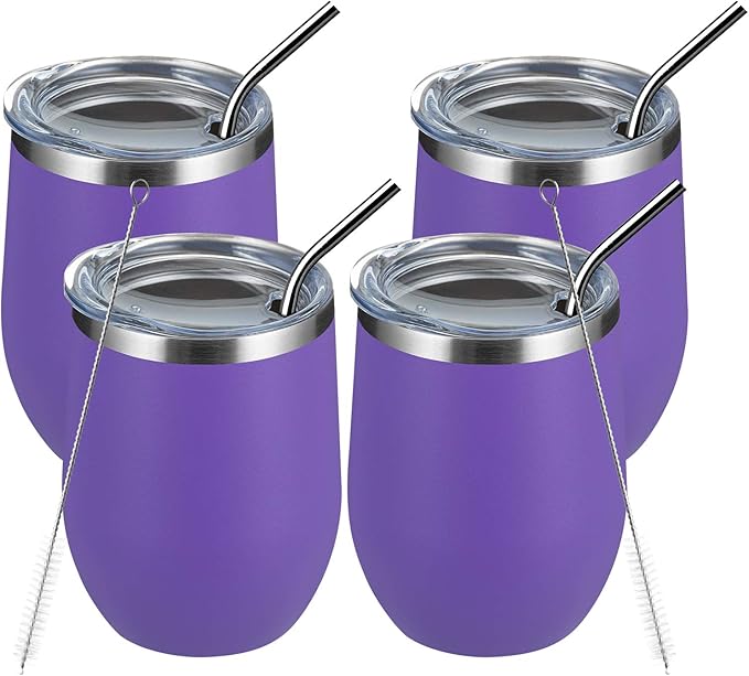 MEWAY 12oz/4 Pack Wine Tumbler Glasses with Lid - Stemless Double Wall Vacuum Stainless Steel Travel Tumbler - Keeping Cold & Hot for Wine,Coffee,Cocktails,Drinks-Family and Gifts (Purple,Set of 4)