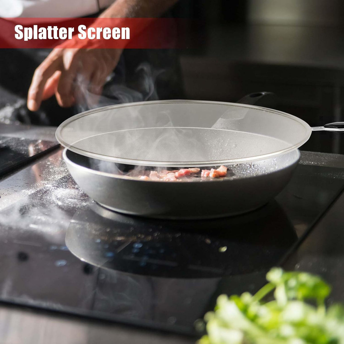 Splatter Screen for Frying Pan, Grease Splatter Guard, Stainless Steel Splatter Guards for Frying with Long Handle, Kitchen Oil Splash Guard Cooking Shield, Fine Mesh Strainer (Black, 13 inch)