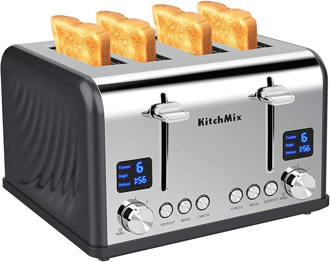 KitchMix Toaster 4 Slice, Bagel Stainless Toaster with LCD Timer, Extra Wide Slots, Dual Screen, Removal Crumb Tray (Gray)