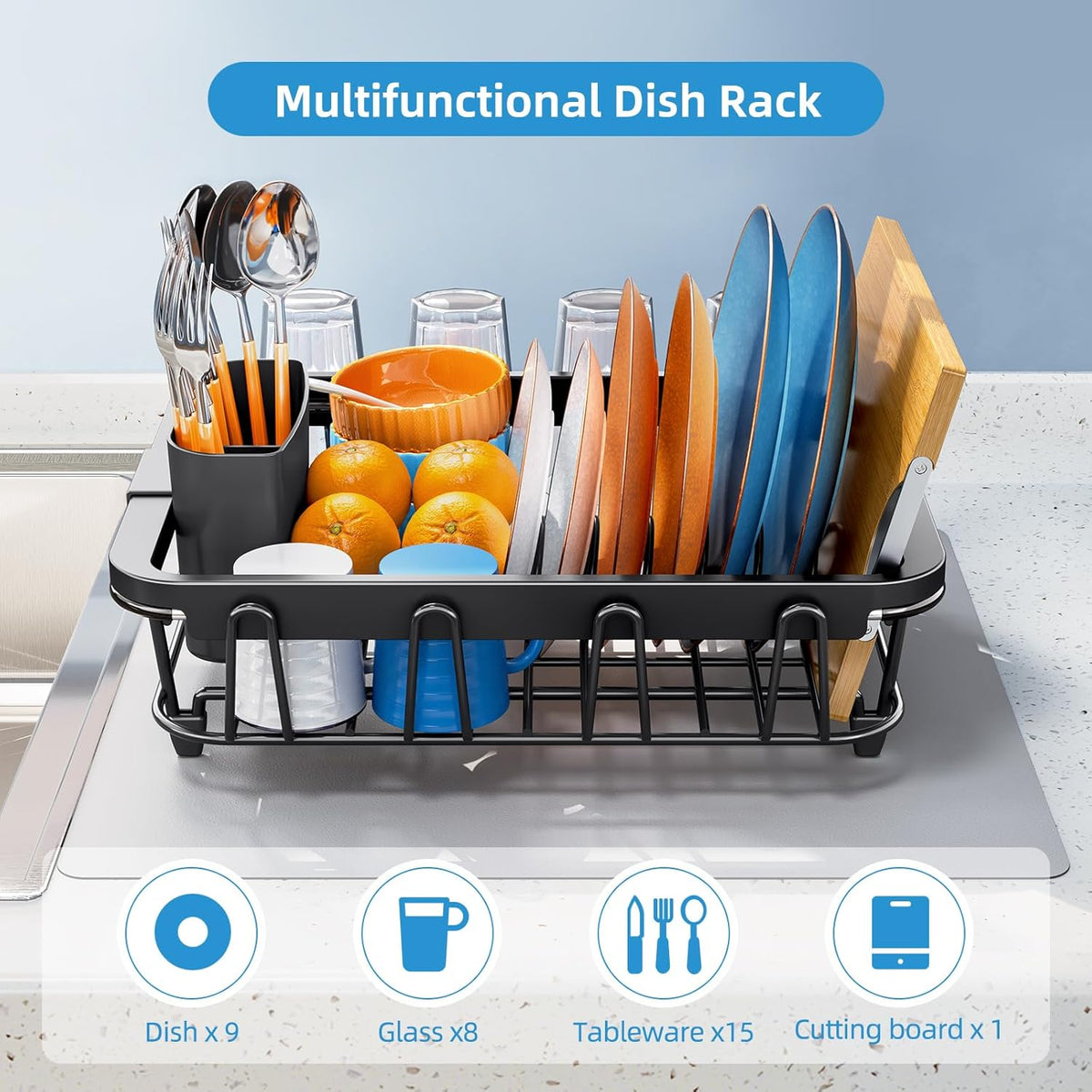 Over the Sink Dish Drying Rack,In Sink Dish Drying Racks,Expandable Dish Rack Over Sink Counter,Adjustable Dish Drainer for Inside Sink with Utensil Holder, Stainless Steel Dish Strainer Medium Size