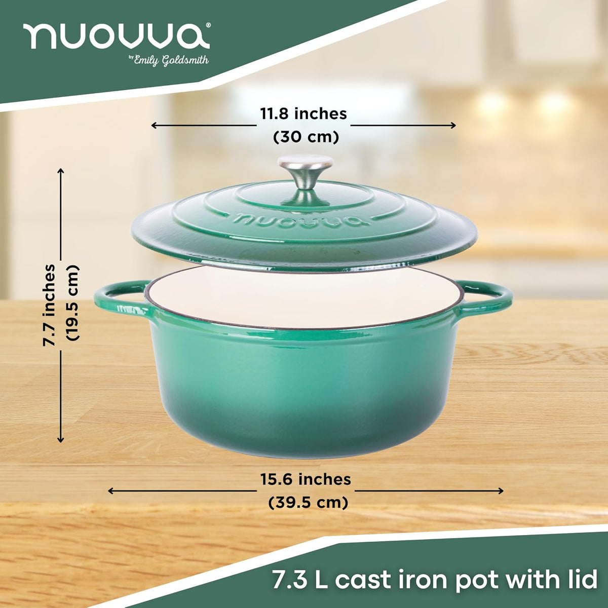 Cast Iron Dutch Oven with Lid – Non-Stick Ovenproof Enamelled Casserole Pot – Sturdy Dutch Oven Cookware – Dark Green, 7.3-Quart, 30cm – by Nuovva