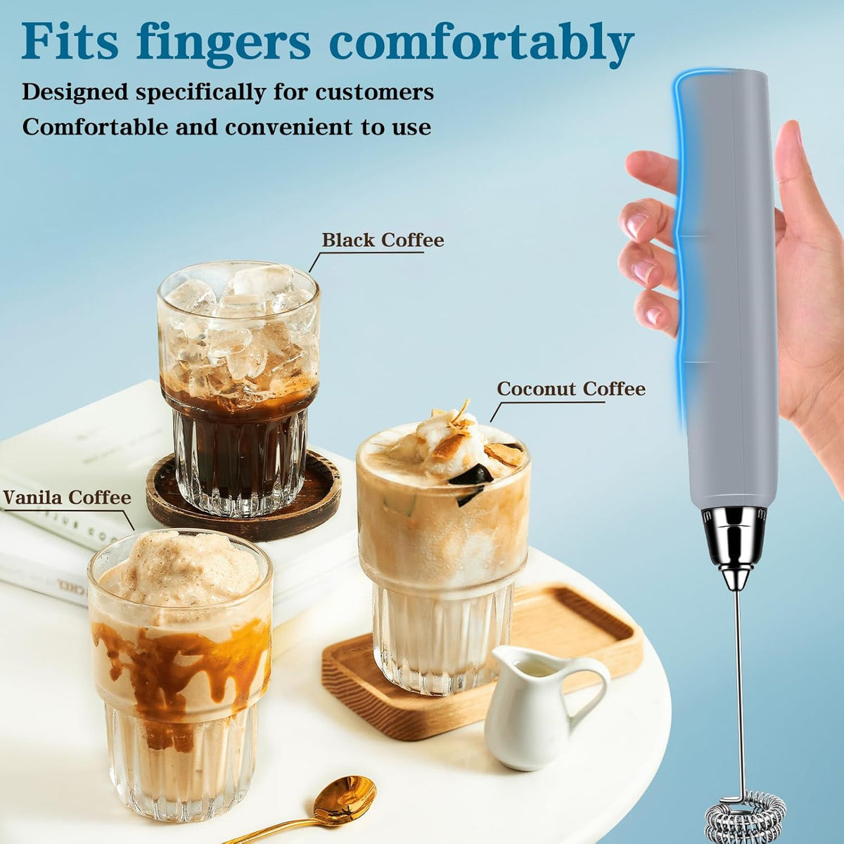Milk Frother Handheld for Coffee, Electric Whisk 3 Speed Adjustable, Drink Mixer with Stainless 3 Whisks, Rechargeable Hand Frother Wand, for Latte Cappuccino Hot Chocolate Egg Cement Gray