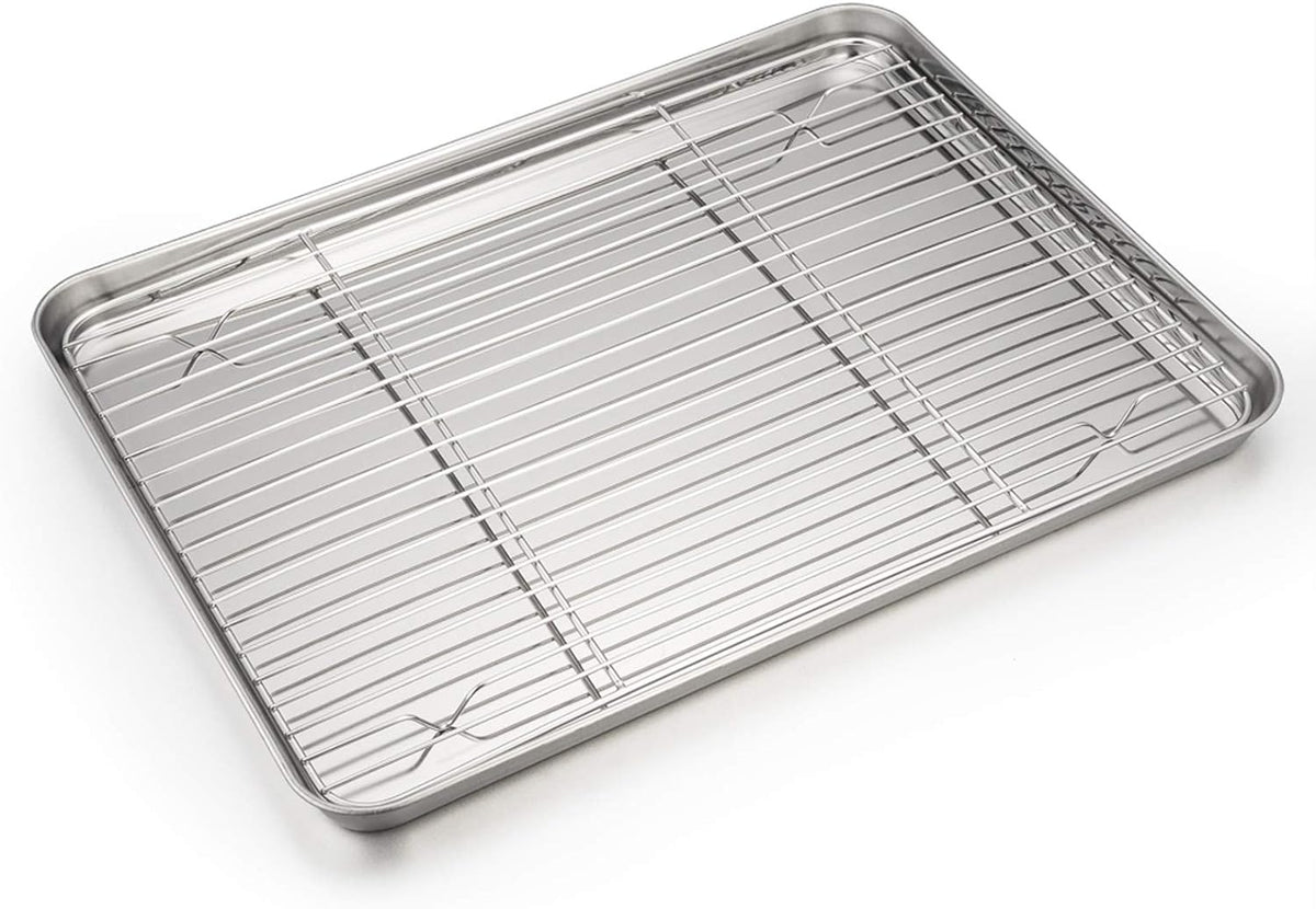 P&P CHEF 16 Inch Baking Sheet Pan with Rack Set, Stainless Steel Cookie Sheet Pan Tray with Cooling Rack for Oven Use, Cooking Roasting, Non Toxic & Dishwasher Safe, Heavy Duty
