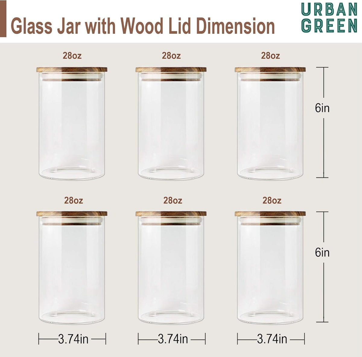Urban Green Glass Jars with Airtight Lids, Airtight Canisters with Wood Lids, Glass Storage Containers with Bamboo Lid, Food Storage Containers Set (6 Pack of 27oz)