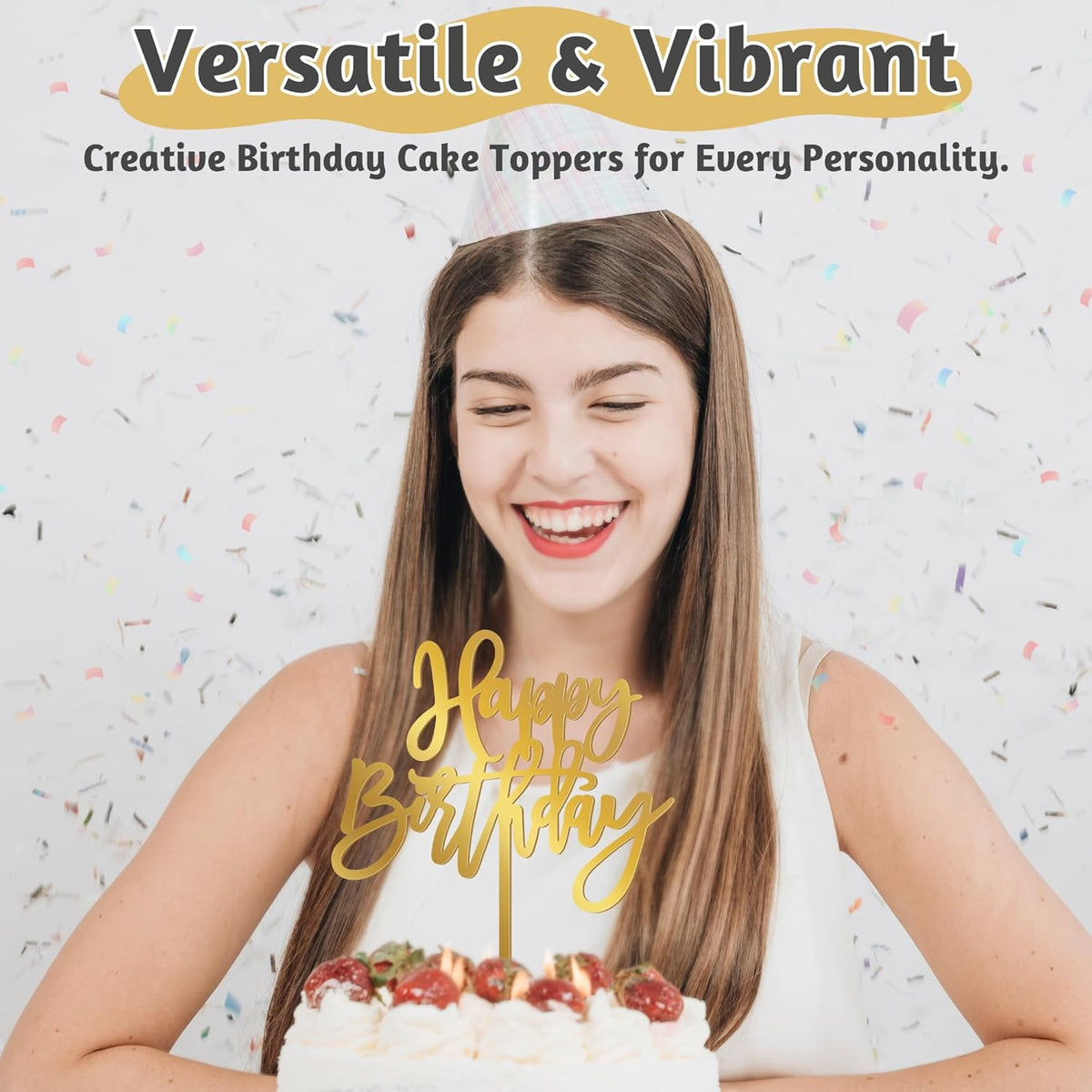 1 PCS Acrylic Cake Topper, 5.1 x 7 Inches Happy Birthday Cake Sign, Mirror Birthday Cake Toppers for Children or Adults Cake Inserts, Birthday Cake Decorations and Desserts Supplies