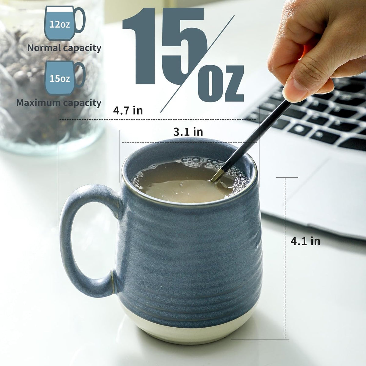 Hasense Coffee Cups, 15 oz Coffee Mugs Ceramic with Handles Set of 6, Tea Cup for Home and Office, Stylish Colorblocking Mug for Coffee, Tea, Latte, Cocoa, Dishwasher Microwave Safe, Deep Blue