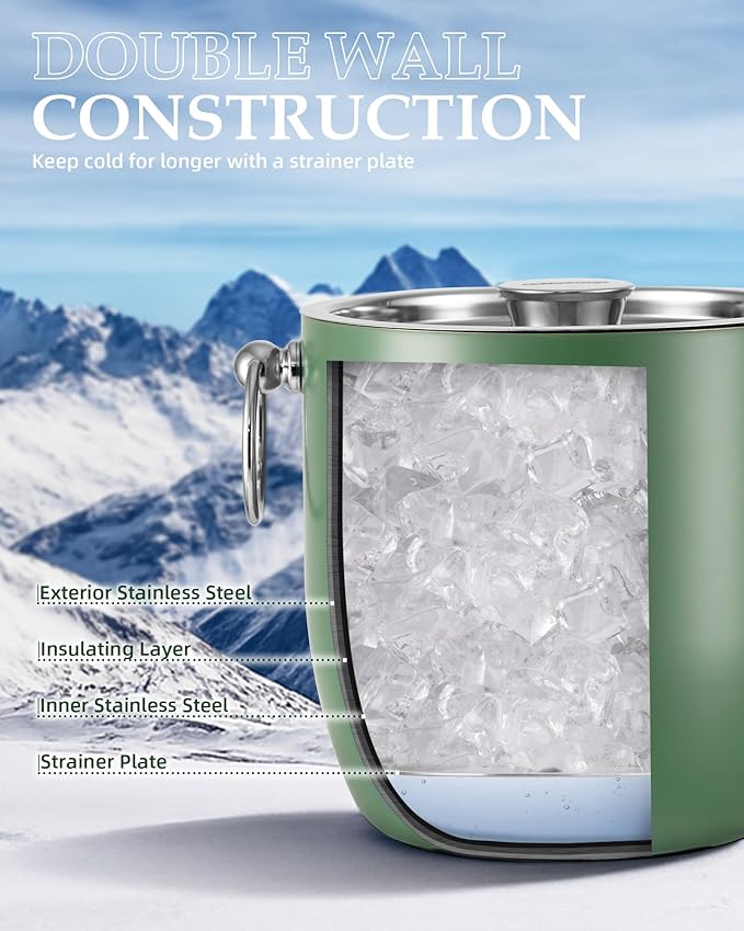 Insulated Ice Bucket, 3L Double Wall Stainless Steel Ice Bucket with Tongs,Lid, Scoop and Strainer, Ice Buckets for Parties,Cocktail Bars, Chilling Beer, Champagne, Wine Bottles，Green