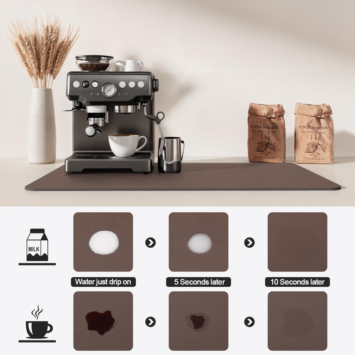 Dish Drying Mat for Kitchen Counter | Coffee Bar Mat for Countertops | Heat Resistant Drainer Mat with Non-slip Rubber Backed | Hide Stain Kitchen Absorbent Draining Mat | Brown 16"x18"