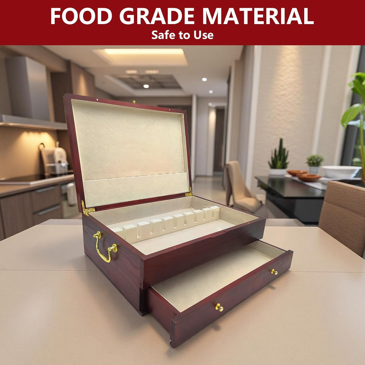 Silverware Storage Box, Kitchen Drawer Organizer, Drawer-containing flap-type storage box, Wood Chest, with Tarnish Proof Felt Lined, Storage Silver Chest for Kitchen (2 layer)
