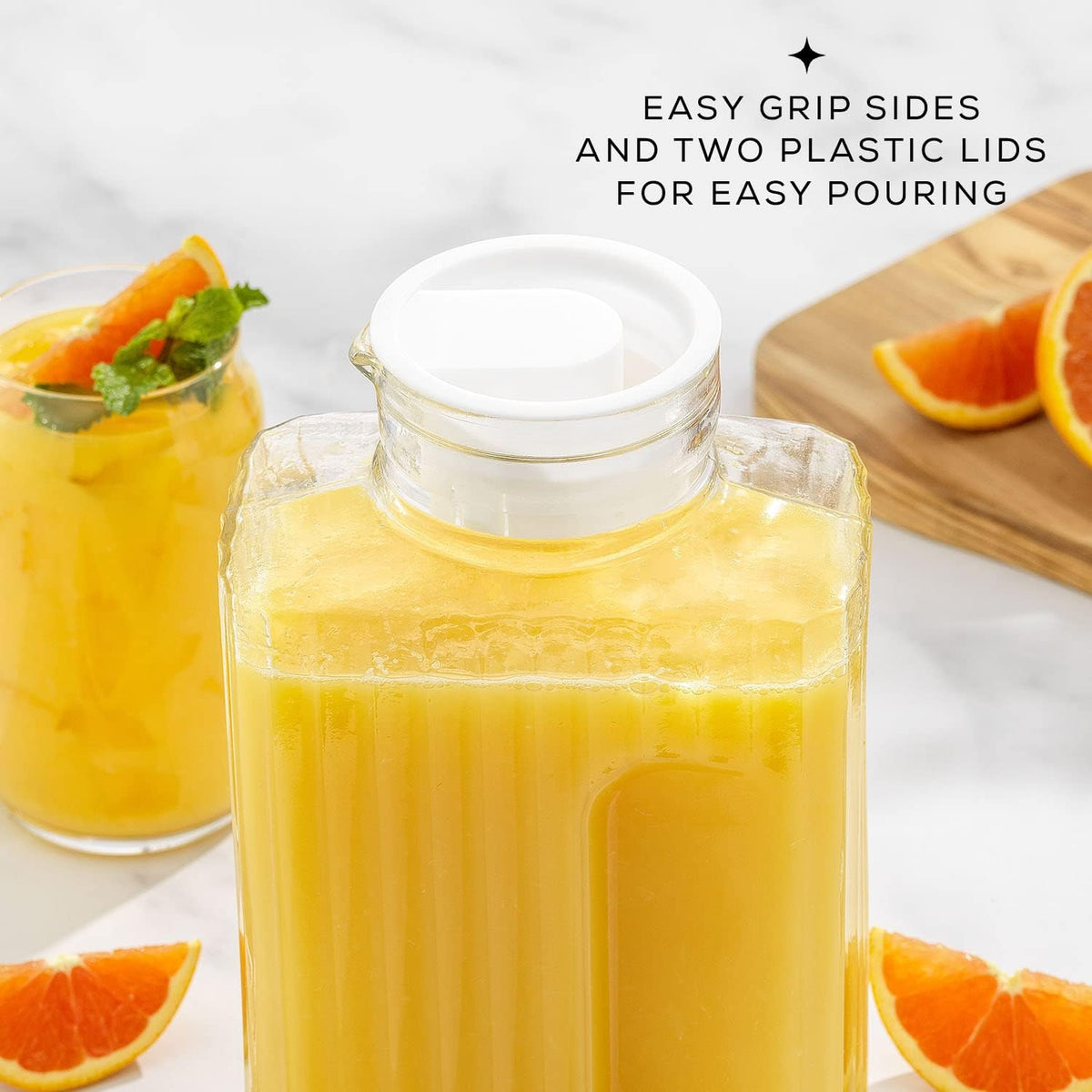 68oz Glass Pitcher with Lid (2 Lids), Rectangle Beverage Serveware and Storage Container for Cold Drinks and Liquids, Water Containers, 2 Quart Pitcher with Lid for Kool Aid and Lemonade
