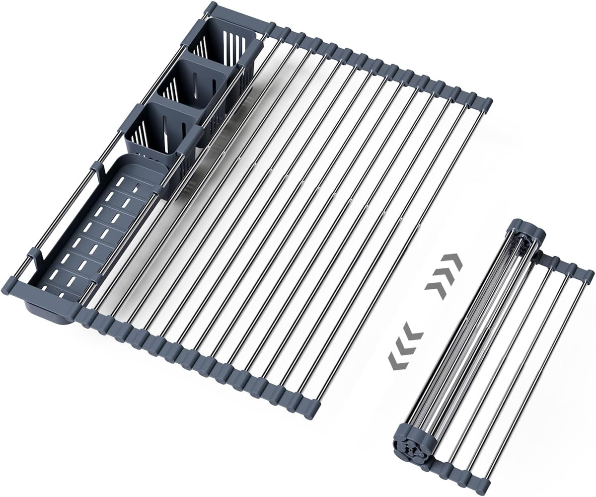 Expandable Over Sink Dish Drying Rack, Large Roll Up Dish Drying Rack with 2 Storage Baskets, Rolling Drain Mats for Kitchen Sink Counter, BPA-Free(12-22 * 15.3'', Blue)