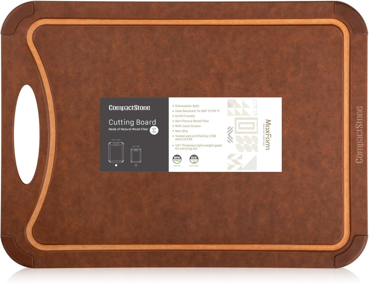 Cutting Board with Non-Slip Feet and Juice Groove for Kitchen, Wood Fiber Composite, 17.3-Inch by 12.8-Inch, Brown