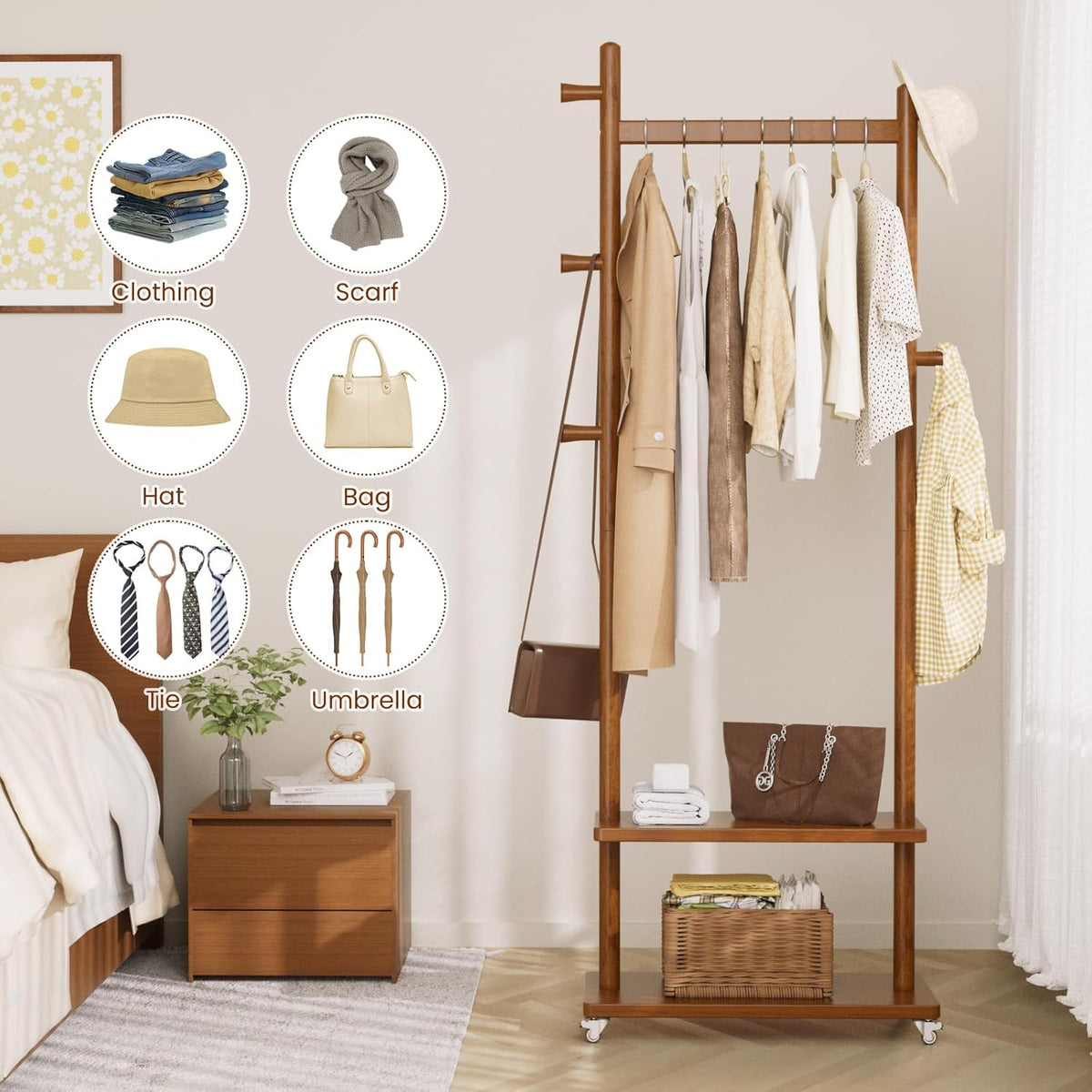 Coat Rack Freestanding Clothing Rack with Wheels & 2 Shelves Storage & 5 Hooks Heavy Duty Clothes Rack Wood Coat Tree Stand Hat Hanger Rack for Corner Bedroom Entryway Living Room Hotel Size L