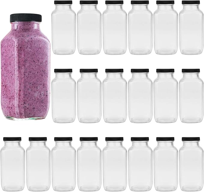 Encheng Beverages Drinking Bottles 12oz,Glass Water Botttle with Lids,Octagonal Vintage 350ml,Juice Bottles for Storage Tea,Kombucha,Milk Smoothies Jars 20Pack