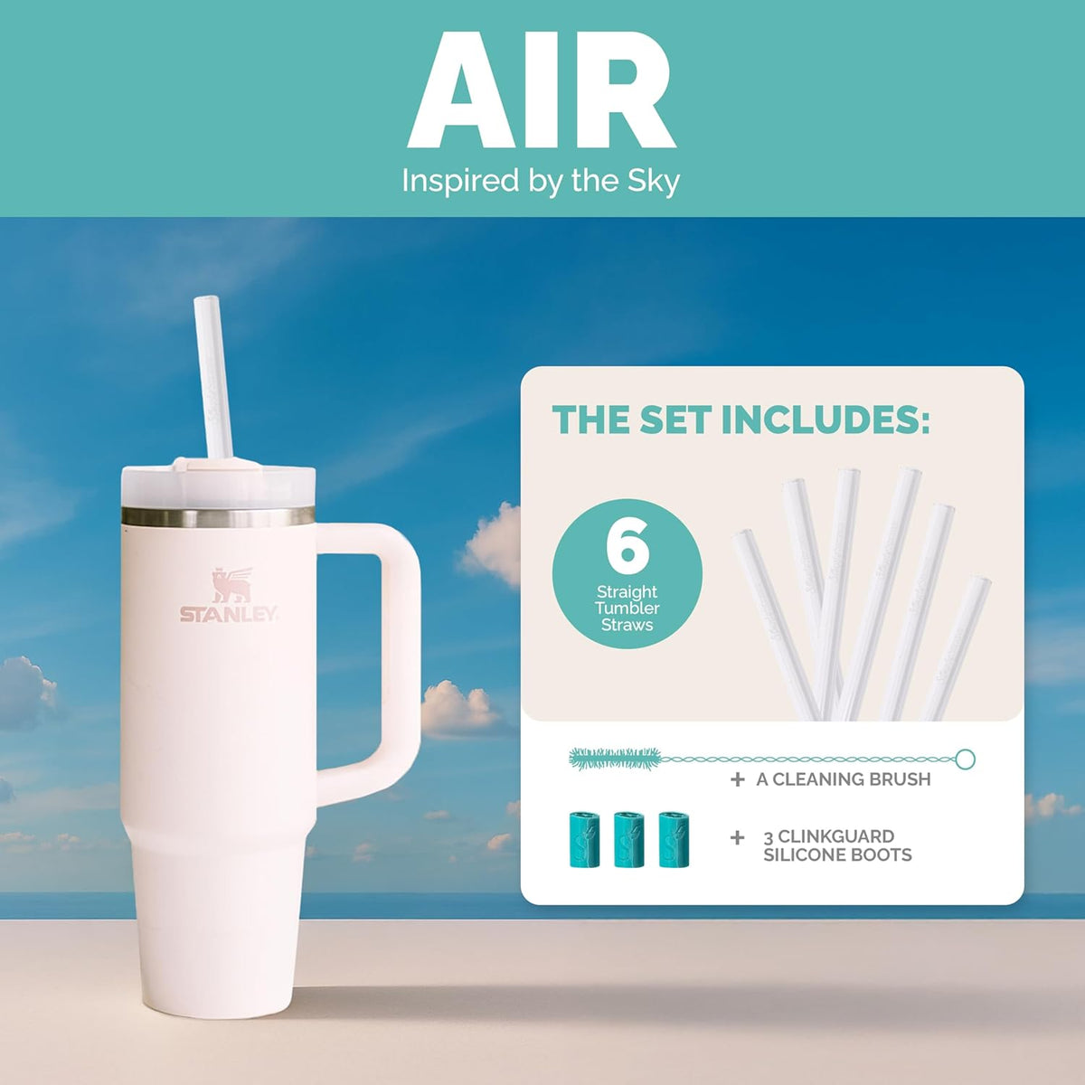 Simply Straws 12 Inch Glass Straws Straight (6-Pack) – Reusable Glass Straws for Stanley 40 Oz Tumbler, with Cleaning Brush – Durable, Dishwasher Safe, Hot & Cold Use, BPA-Free (Air)
