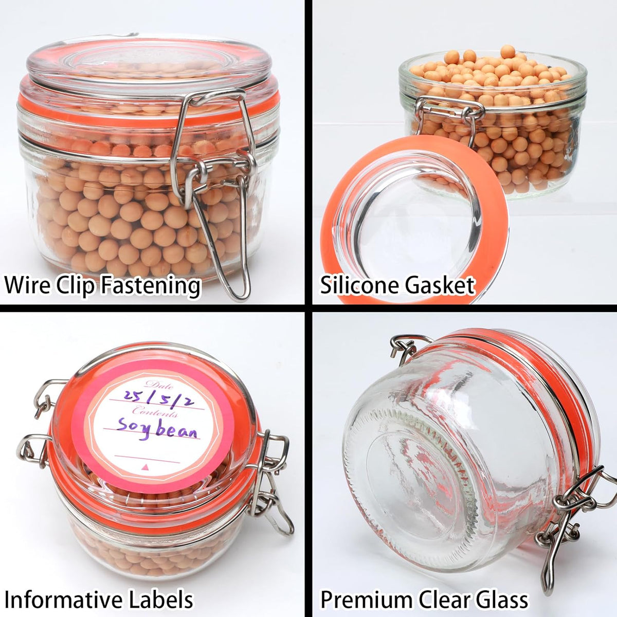 5 oz Glass Jars with Airtight Lid,Small Leak Proof Rubber Gasket Glass Canisters,Glass Food Storage Container for Kitchen,Jam,Spice, Cereal, Beans,Cookies