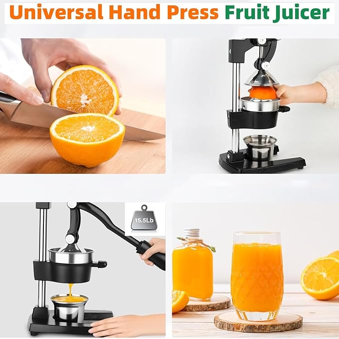 Cast Iron Manual Citrus Juicer Hand Press, Heavy-Duty Commercial Grade, Stainless Steel Lemon Orange Squeezer Effortless, Stable, Easy Clean for Home, Bar, Commercial Use