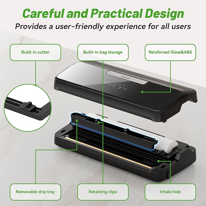 Vacuum Sealer Machine, 90Kpa 7-IN-1 Vacuum Sealer for Food Dry/Moist/Gentle Mode with Build-in Cutter and Storage, Food Vacuum Sealer Machine Tempered Glass Panel with Vacuum Bags, Vaccum Hose