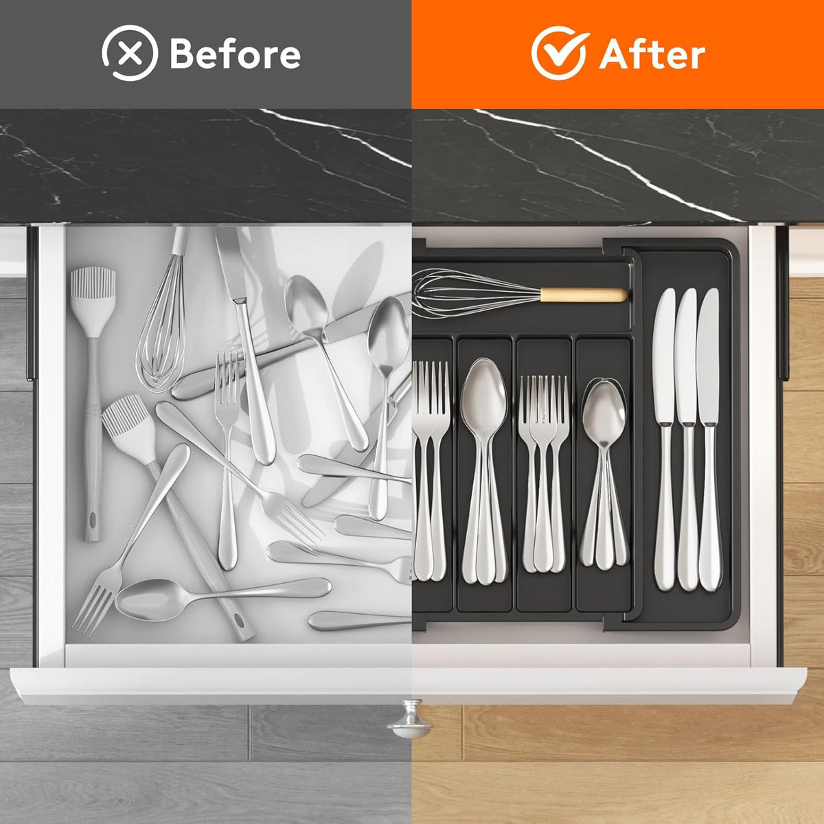Lifewit Silverware Drawer Organizer, Expandable Utensil Tray for Kitchen, BPA Free Flatware and Cutlery Holder, Adjustable Plastic Storage for Spoons Forks Knives, 8.5"-14.1" x 12.1", Black