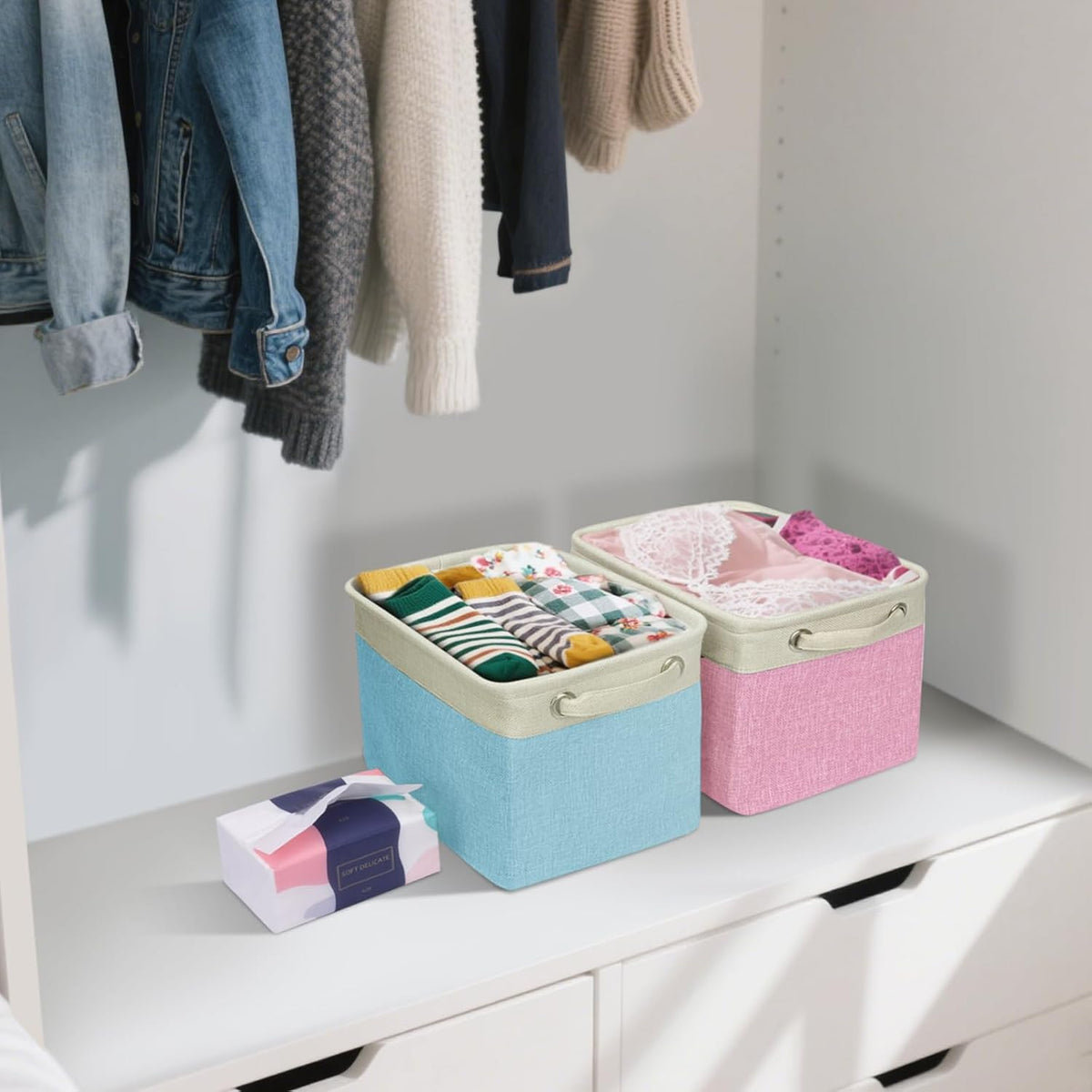 BALEINE 2 Pack Fabric Storage Bins for Shelves, Linen Storage Baskets for Organizing, Decorative Closet Bins for Clothes, Home (Brown, 12"x8"x8")