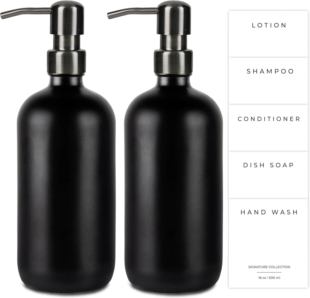Emerson Essentials Glass Soap Bottle Dispensers, 2 Pack, Stainless-Steel Pumps Rust-Free, Hand Set for Bathroom Kitchen Sink, Liquid Lotion Shampoo Jars with 4 Waterproof Labels, 16 Oz Gunmetal