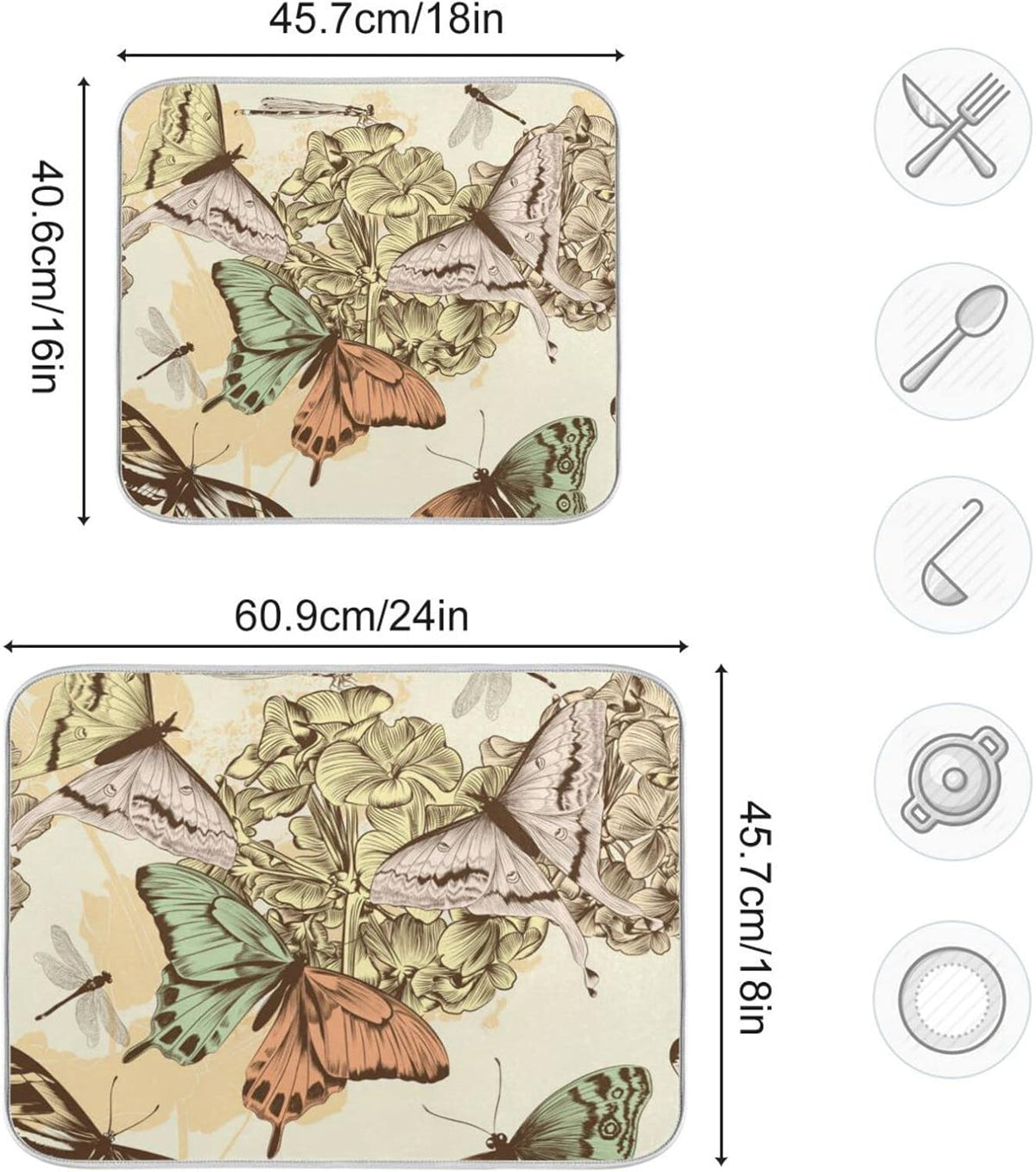 Super Absorbent Dish Drying Mat, Microfiber Fast-Drying Dish Mat, 16" x 18", Kitchen Dish Drying Pad, Retro Butterfly