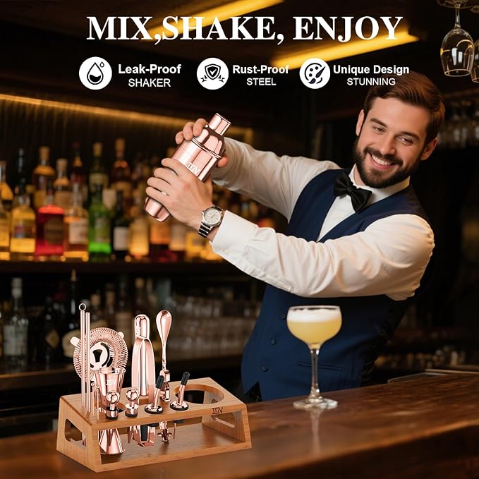 IOV Cocktail Shaker Set Bartender Kit with Stand | Bar Set Drink Mixer Set Includes Martini Shaker, Jigger, Strainer, Mixing Spoon, Muddler, Recipe Book | Home Bar Accessories Gift Set (Rose Gold)