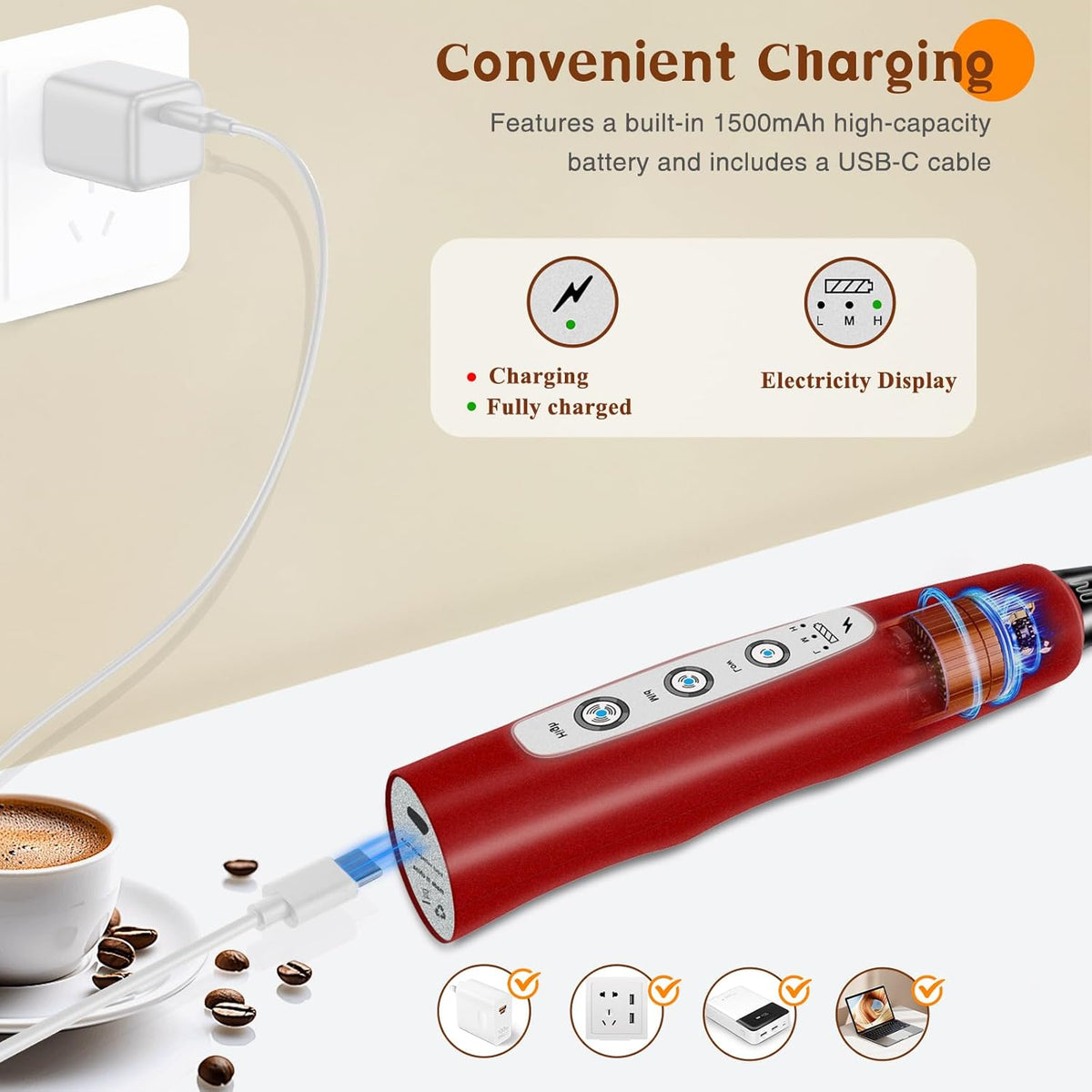 Milk Frother Handheld Rechargeable, Frother Wand Drink Mixer Electric Whisk for Coffee, Detachable With 3 Stainless Whisks, Hand Mixer for Lattes, Cappuccino, Matcha, Egg, No Stand, Red