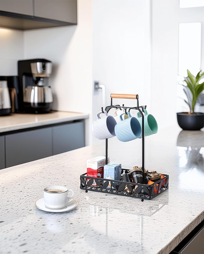Coffee Mug Holder for Countertop, Mug Tree & Mug Rack with Storage Basket, 2-in-1 Organizer Holds 4 Large Mugs, Kitchen Cup Holder for Coffee Bar Accessories, Pods & Tea Bags, Black Metal with Handle