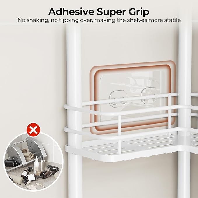 Orimade Rustproof 3 Tier Floor Standing Corner Shower Caddy Organizer with Toothbrush Holder, Large Spacing Floor Shower Shelf Rack Storage Stands with Hooks for Bathroom Kitchen, White