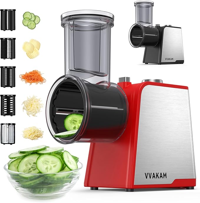 Electric Cheese Grater, 300W DC Motor Rotary Cheese Grater with 5 Different Shapes of Blades, Vegetable Cutter for Potato, Nuts, Kitchen Chopper with Non-slip Suction Base, Red