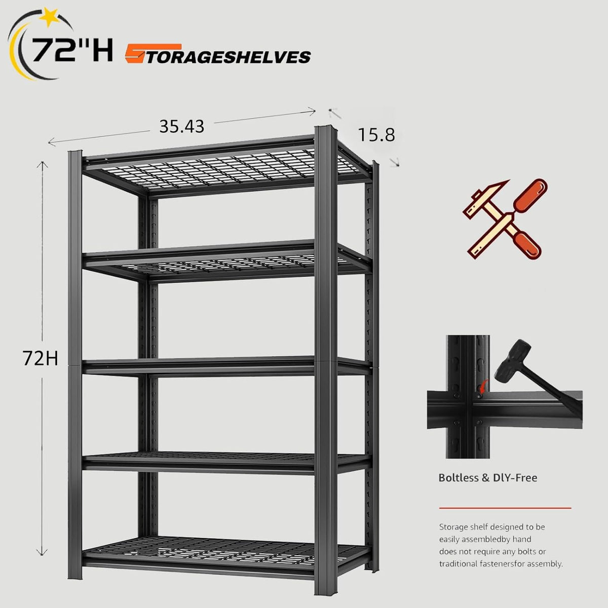 5 Tier Metal Shelving Unit, Adjustable Storage Shelves, 72" H x 35.43" W x 15.8" D Heavy Duty Garage Shelves for Warehouse, Basement, Kitchen, Pantry, Living Room, Black