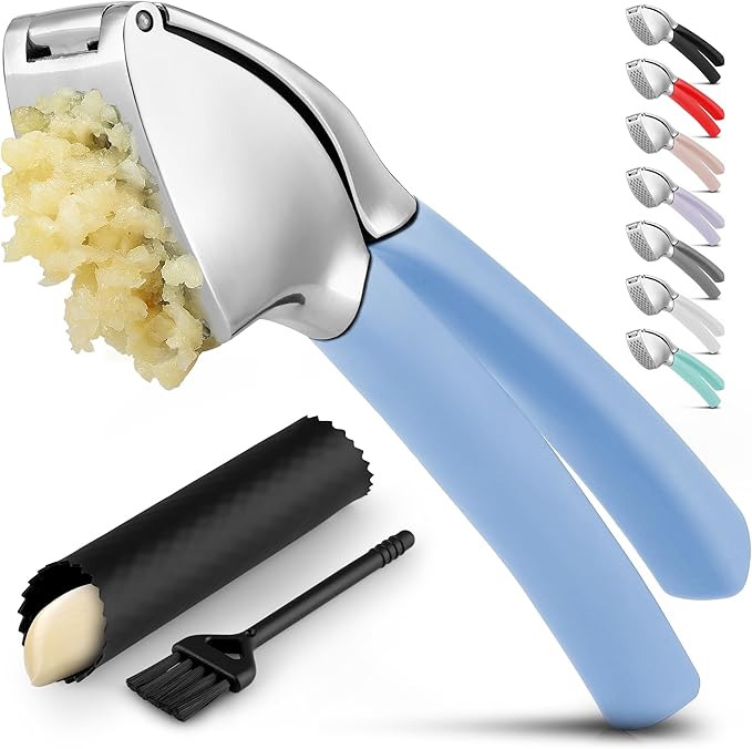 Zulay Kitchen Comfort Grip Garlic Press - Garlic Mincer Tool - Garlic Crusher - Garlic Press Mincer Rust Proof, with Soft Ergonomic Handle, Easy Clean Set with Peeler and Brush - Baby Blue