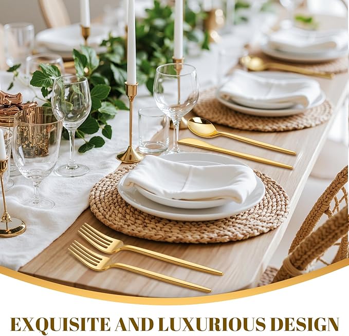 PULOTE 300PCS Gold Plastic Silverware Set Disposable - Heavy Duty Gold Utensils Set - Plastic Cutlery Disposable - Include 100 Knives, 100 Forks, 100 Spoons for Party & Wedding